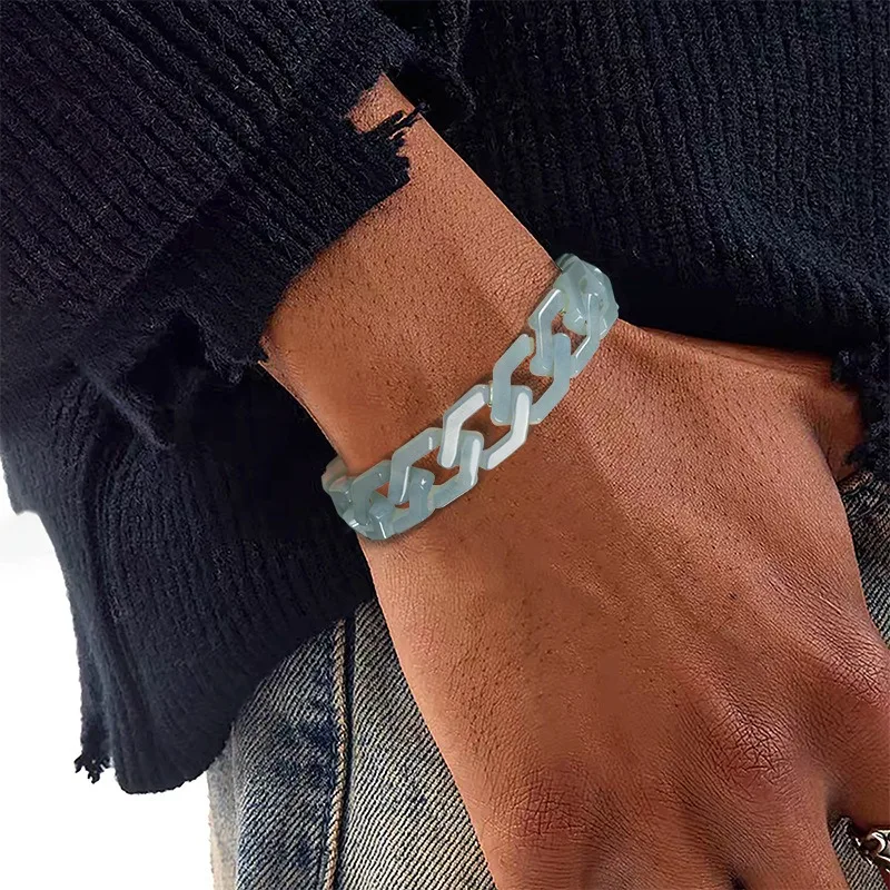 

TIMESWIND Natural A-type Jade Blue Long Rhombus Cuban Chain Titanium Steel Men Bracelet with Certificate