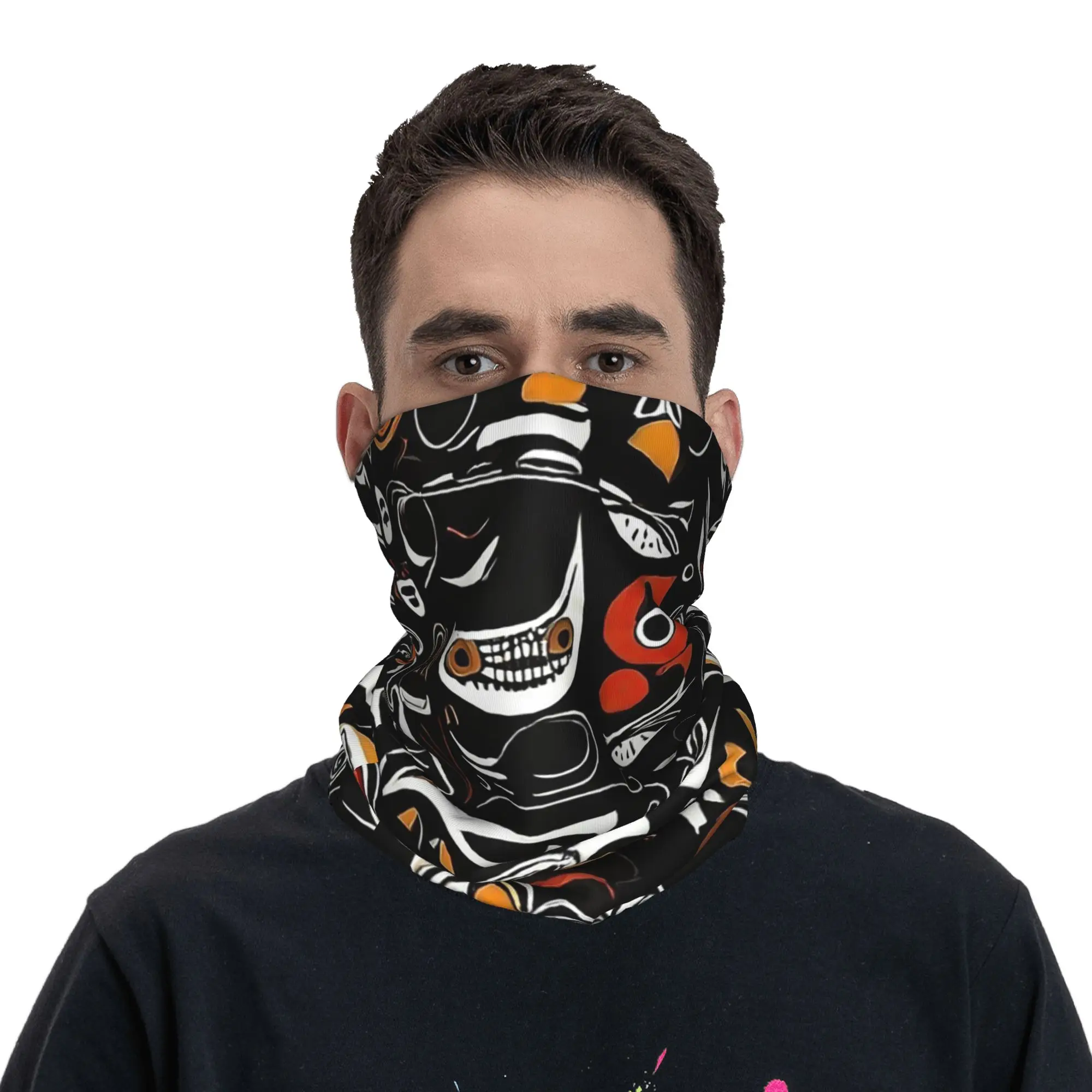African Tribal Mask Motif Pattern Bandana Neck Gaiter Printed Face Scarf Warm Headband Riding For Men Women Adult