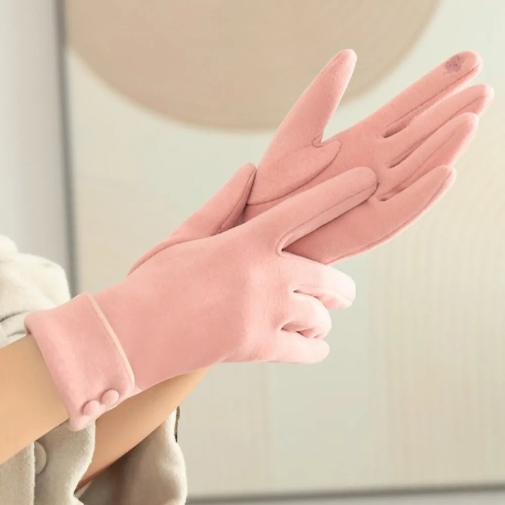 Simple Button Winter Gloves Fleece Touchscreen Women Gloves Fleece-Lined Warm Cycling Mittens Gift