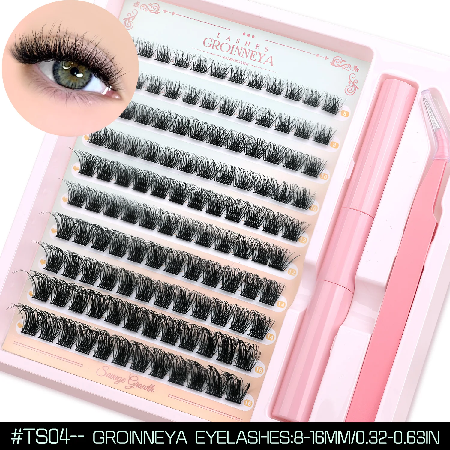 GROINNEYA Flauschiges Wimperncluster-Set mit wasserdichtem, starkem Halt, DIY-Wimpernverlängerungsset, Wimpernbindung, Versiegelung und Wimpernpinzette, Make-up – Detail 10