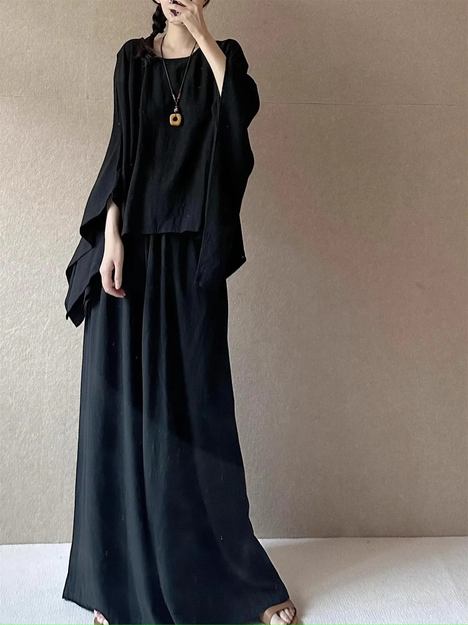 Dark Style Loose Fit New Chinese National Style Cotton Linen Black Series Women's Ancient Zen Fashion Set Traditional round N...