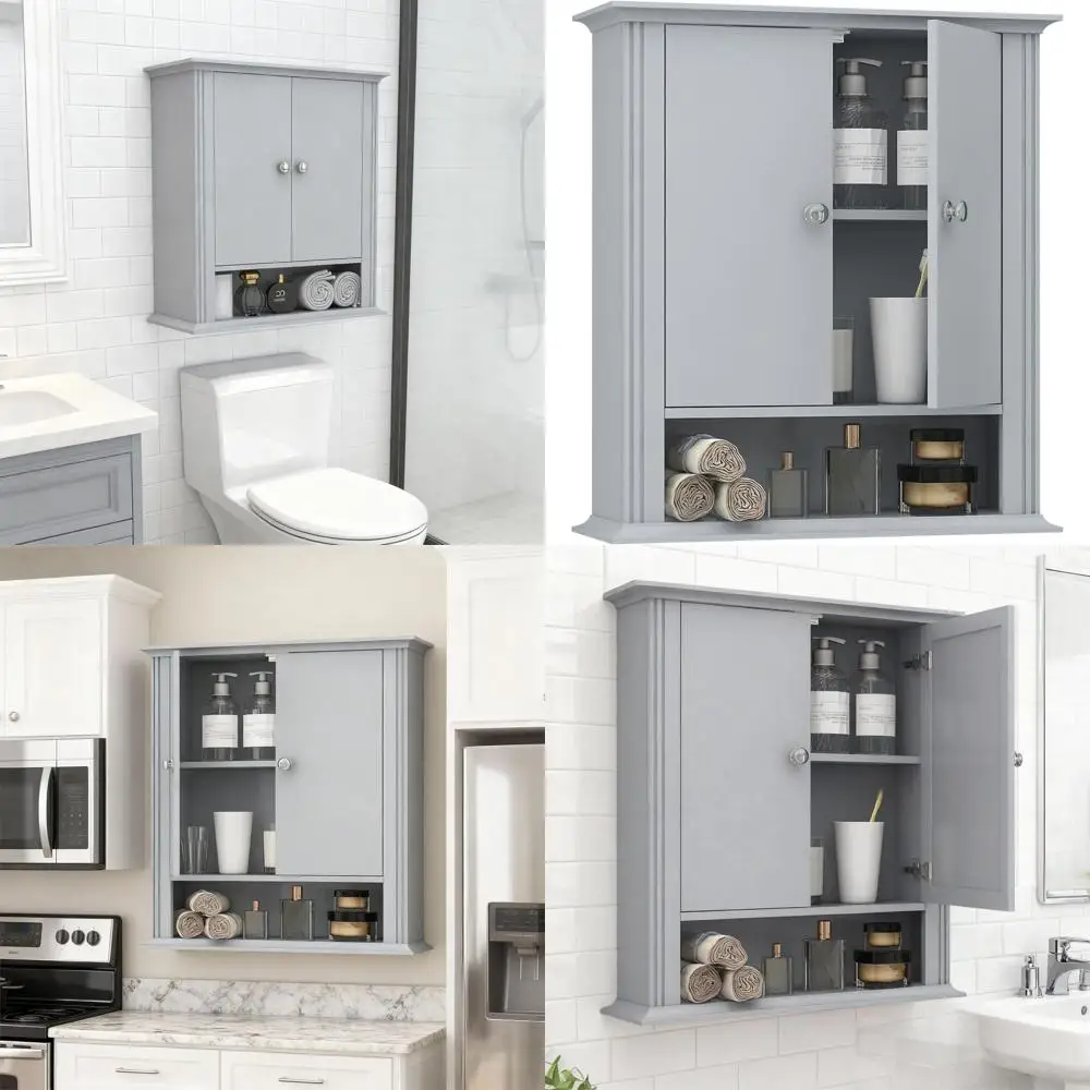 

Light Grey Wooden Wall-Mounted Cabinet with 2 Doors and Adjustable Shelf for Bathroom, Kitchen, and Laundry Room