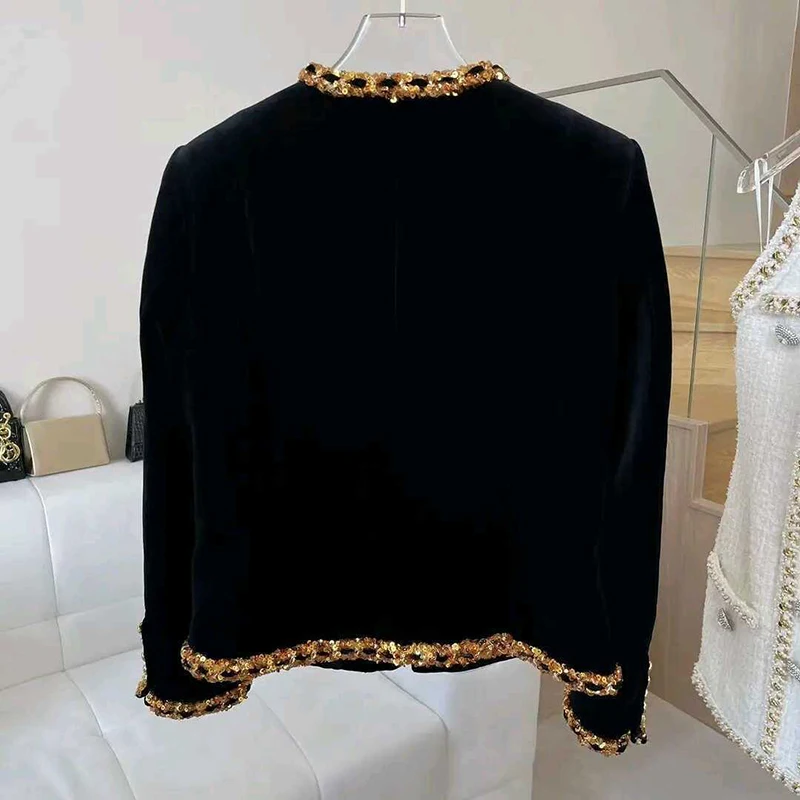 Spring Black Chain Woven Sequin Short Jacket Women New Autumn Heavy Industry Diamond Studded Western-style Suit Jacket Cardigan