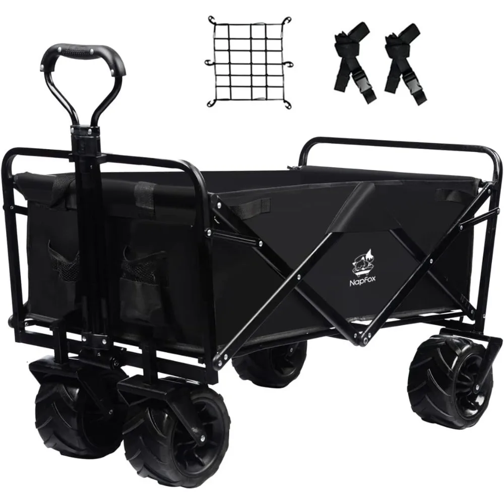 

Collapsible Wagon Cart Heavy Duty Foldable Beach Cart W All-Terrain Wheels for Sand with Cargo Net, Straps, Utility Beach Wagon