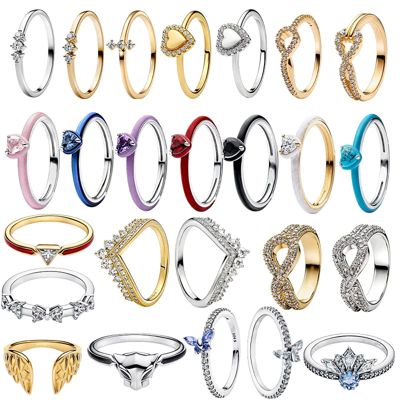 

S925 Silver New Gold Crown Multi color Love Ring Couple Gift Ring Heart Ring Jewelry