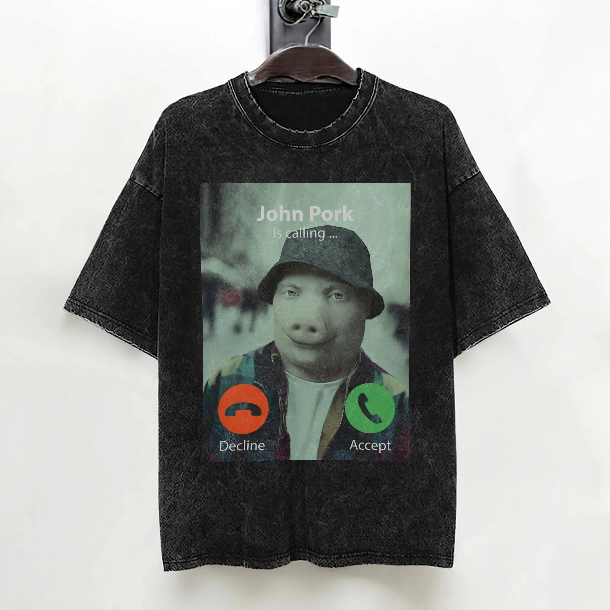 John Pork Is Calling T Shirt Washed Short Sleeve Harajuku T-Shirt  Casual for Men Women Streetwear Graphic Printed Tee Shirt