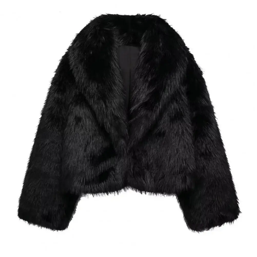 Lapel Collar Jacket Elegant Faux Fur Cardigan Coat For Women Plush Winter Jacket With Turn-down Collar Long Sleeves Stylish