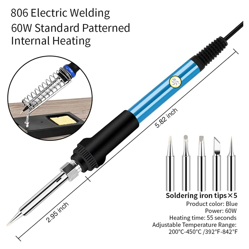 Soldering Iron Kit, 60W/110V Adjustable Temperature Soldering Iron With Digital Multimeter Stand Soldering Tips US Plug