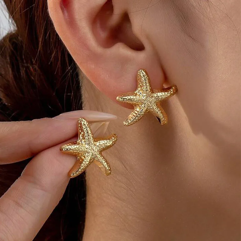 1 par de pendientes de tuerca de estrella de mar informales con temperamento geométrico, pendientes simples de estilo de vacaciones en la playa, regalo de joyería oceánica