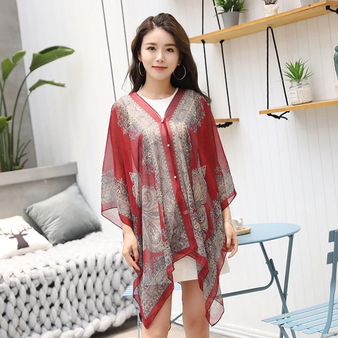 Fashion Women Scarf Shawl Poncho Printed Sunscreen Sun Protection Beach Shawl Bikini Cover Soft Comfortable Hot Sale Red