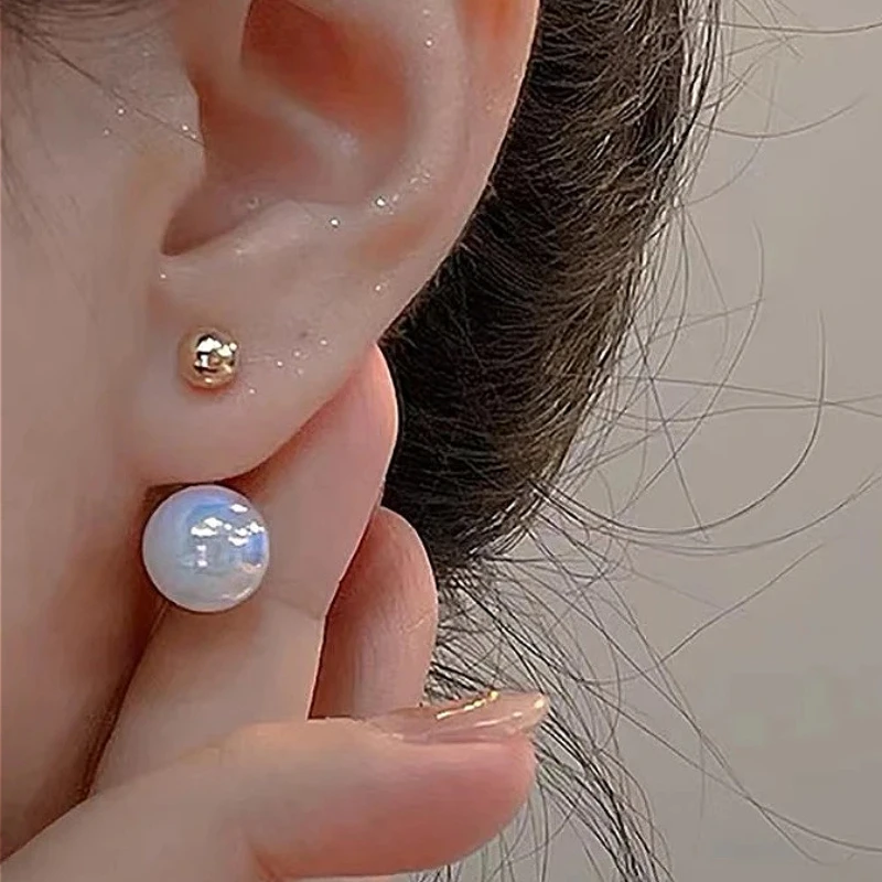 

925 Sterling Silver Charming 14K Gold Pearl Bead Stud Earrings for Women Trendy Geometric Fine Jewelry Detachable Accessories