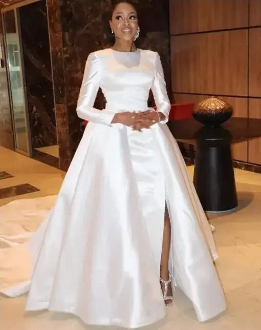 

Customized Wedding Dresses With Long Sleeves Front Split Detachable Train Satin Bridal Dress African Plus Size Bridal Gown