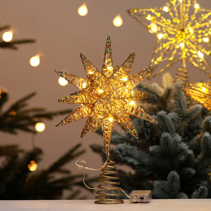 Christmas Tree Top Star, Golden Iron, Luminous Five Point Star, Commercial Holiday Decoration, Glow Party Supplies, 25x30cm