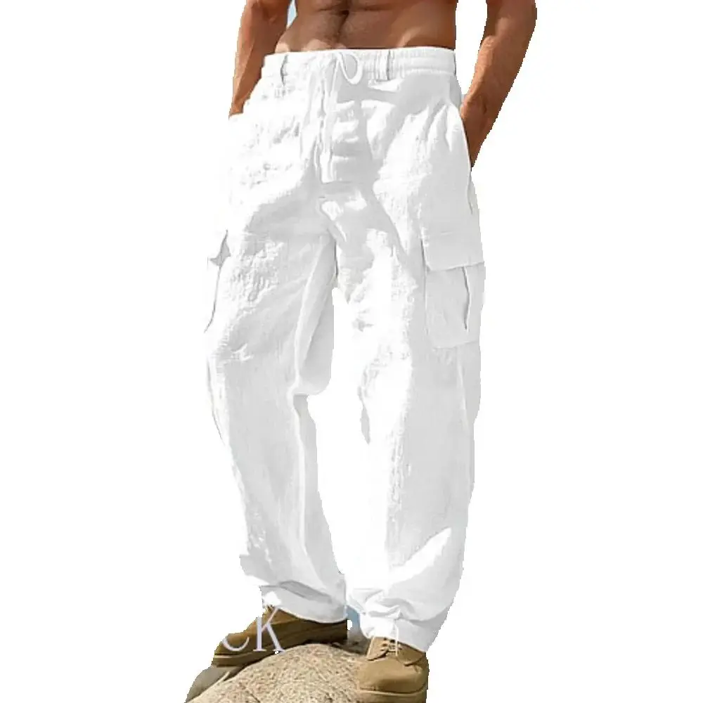 Pantalon en coton et lin pour hommes européens et américains, pantalon de travail multi-poches, ample, droit, vêtements de sport et pantalons décontractés, 2026