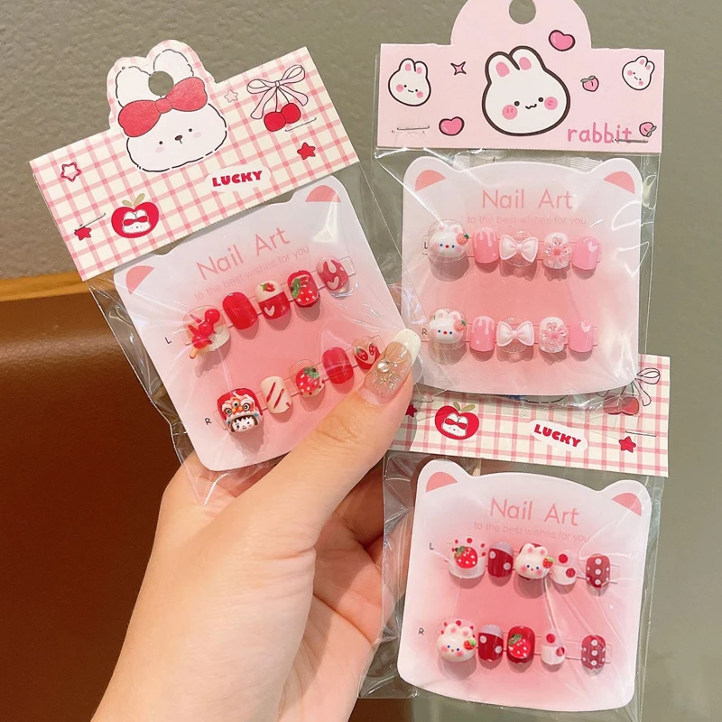 10Pcs Children's Cute Cartoon Rubbit and Strawberry Press on Nails Baby Fake Nails Girls Nail Tips with Toolkit image 2