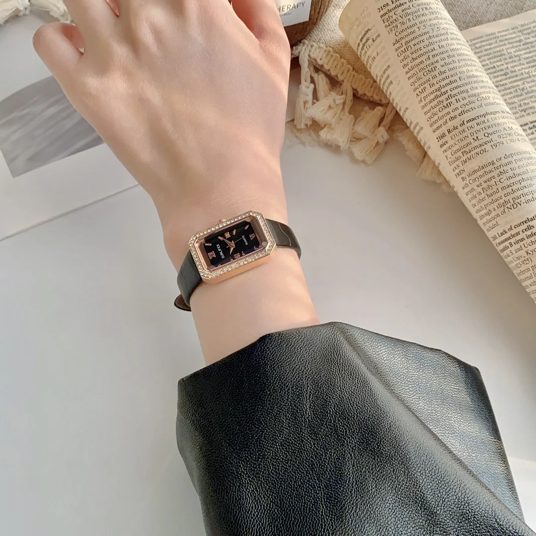 Casual Women's Coffee Brown Leather Strap Watch Fashionable With Rhinestone Watches Rectangle Dial Wristwatch reloj para mujer