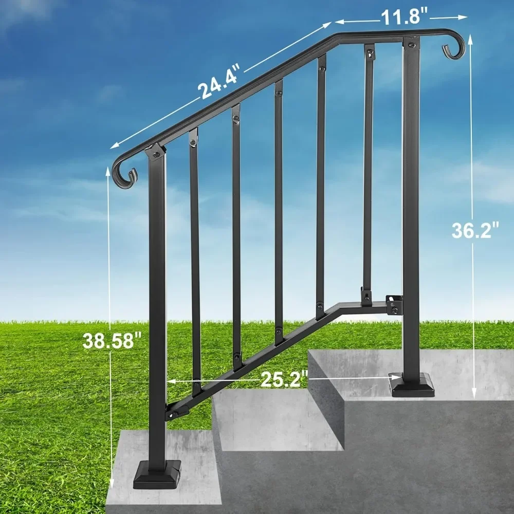 Handrails for Outdoor Steps Fits 1 to 3 Steps Outdoor Stair Railing，Staircase Handrail Fits with Installation