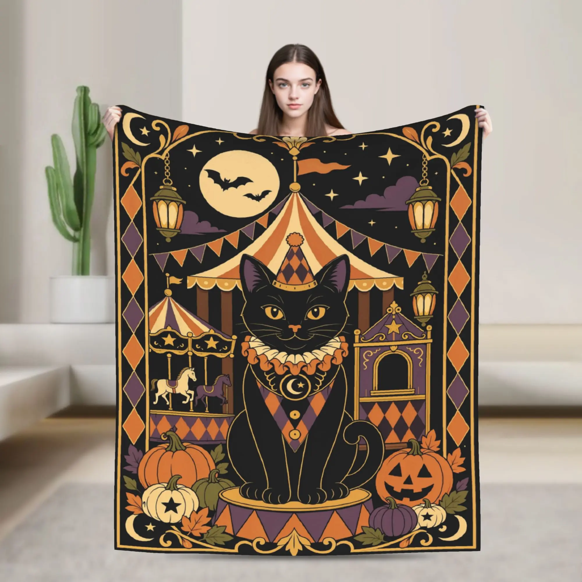 Halloween Black Cats Blankets Fleece Air Conditioning Spooky Carnival Circus Multi-function Throw Blanket Couch Plush Thin Quilt