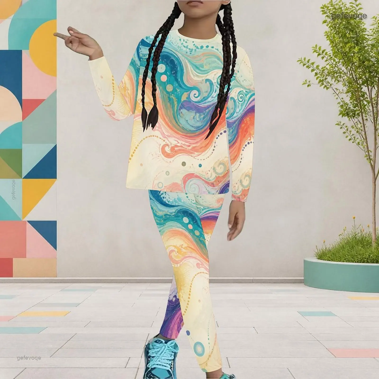 Autumn Graphic Print Girls Two Piece Set Turtleneck Gradient Galaxy Abstract Children Clothing Daily Party Wear