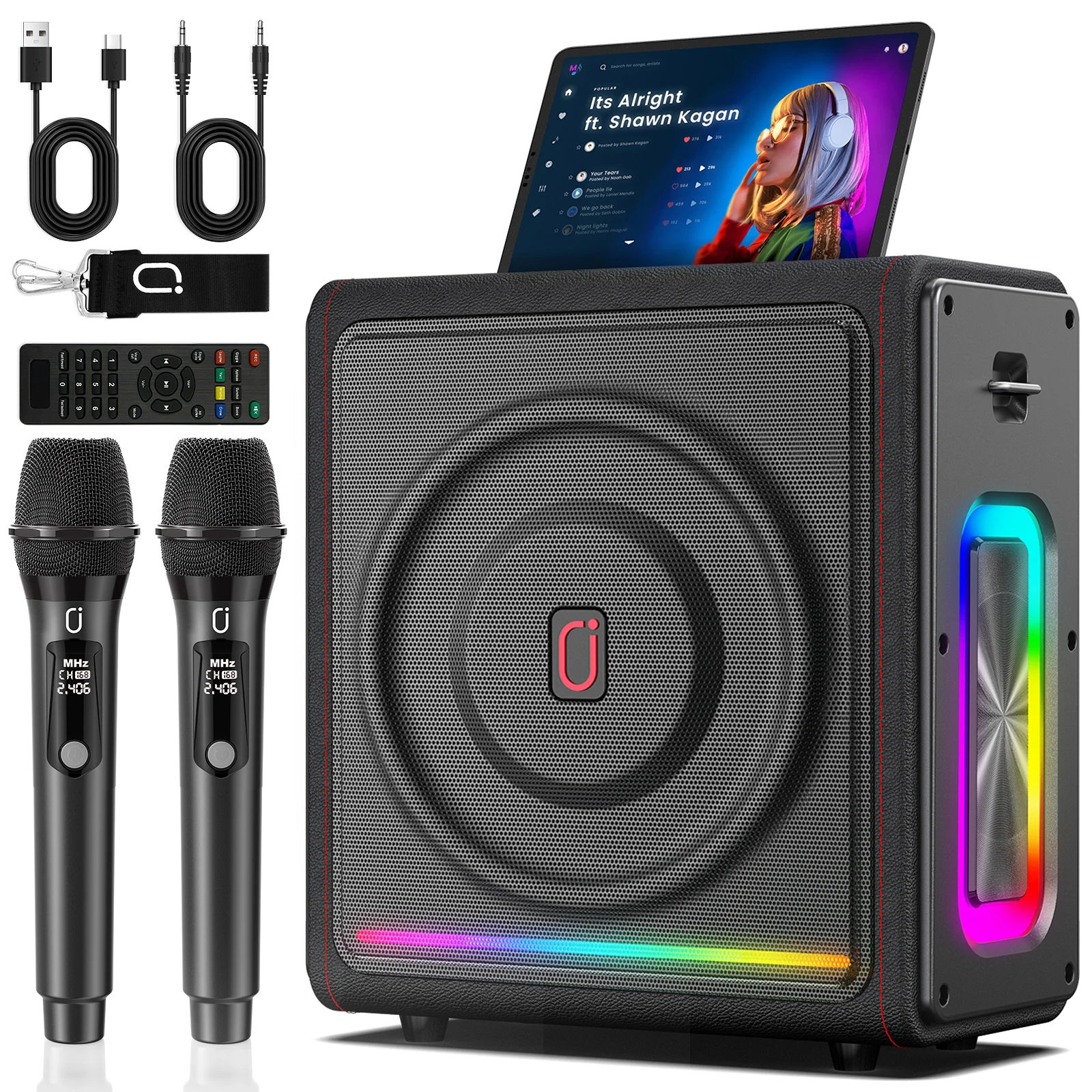 Máquina de Karaoke con 2 Micrófonos Inalámbricos |   Altavoz Bluetooth 5.3 con Control de Graves/Agudos y Corrección de Tono |   Sistema de PA