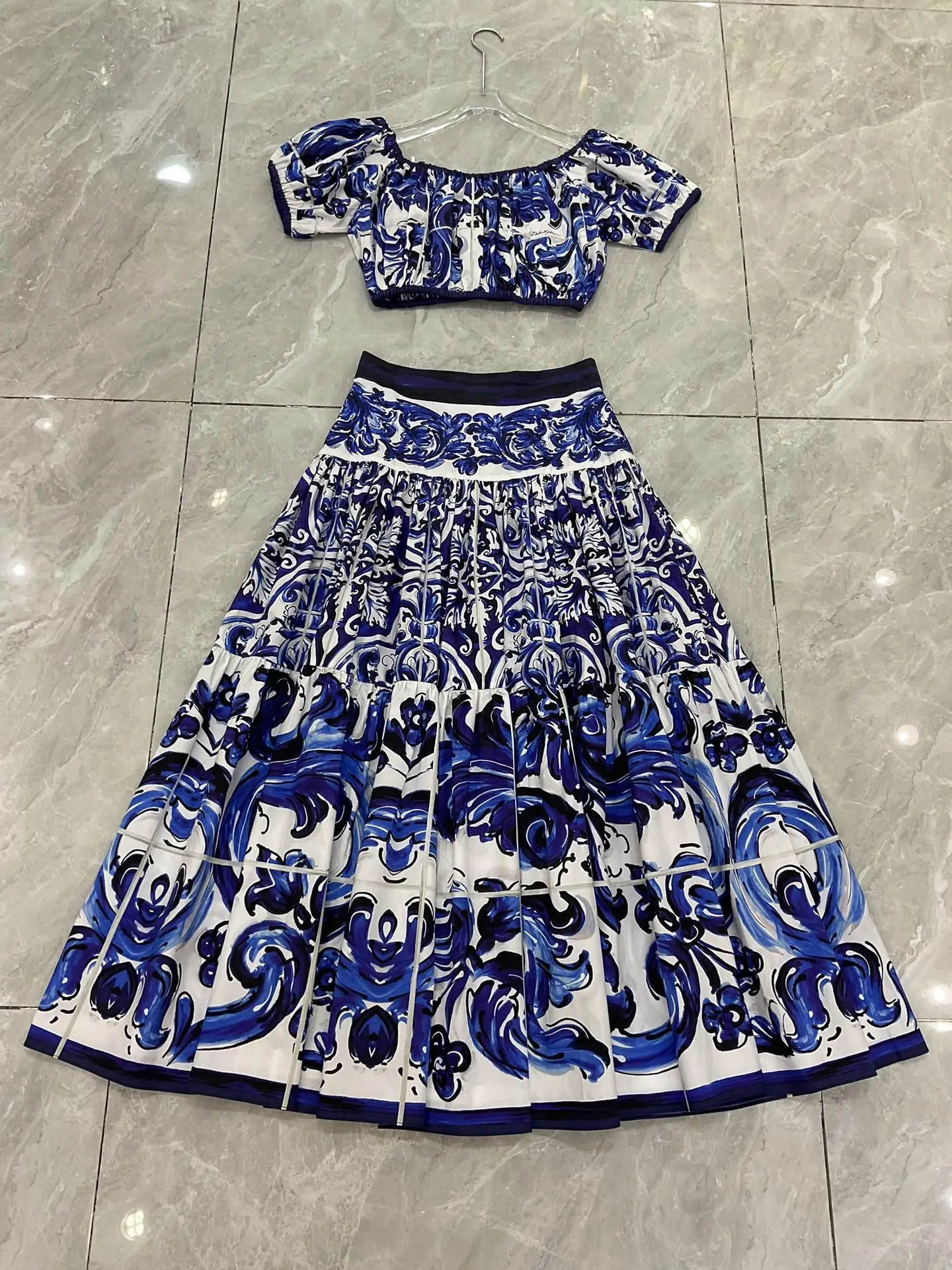 Summer Women 2 Piece Set | Boho Off Shoulder Crop Top & High Waist Maxi Skirt | Italian Ceramic Inspired Print Vacation Outfit