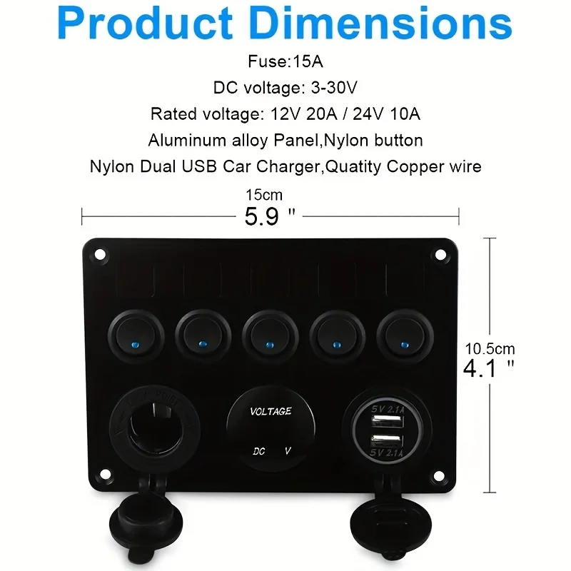 5 Gang Multi Function Switch Panel, Backlight, USB, Voltmeter, 12V Socket, Pre-wired with Inline Fuse,RVs, Trucks, Cars, Boats.