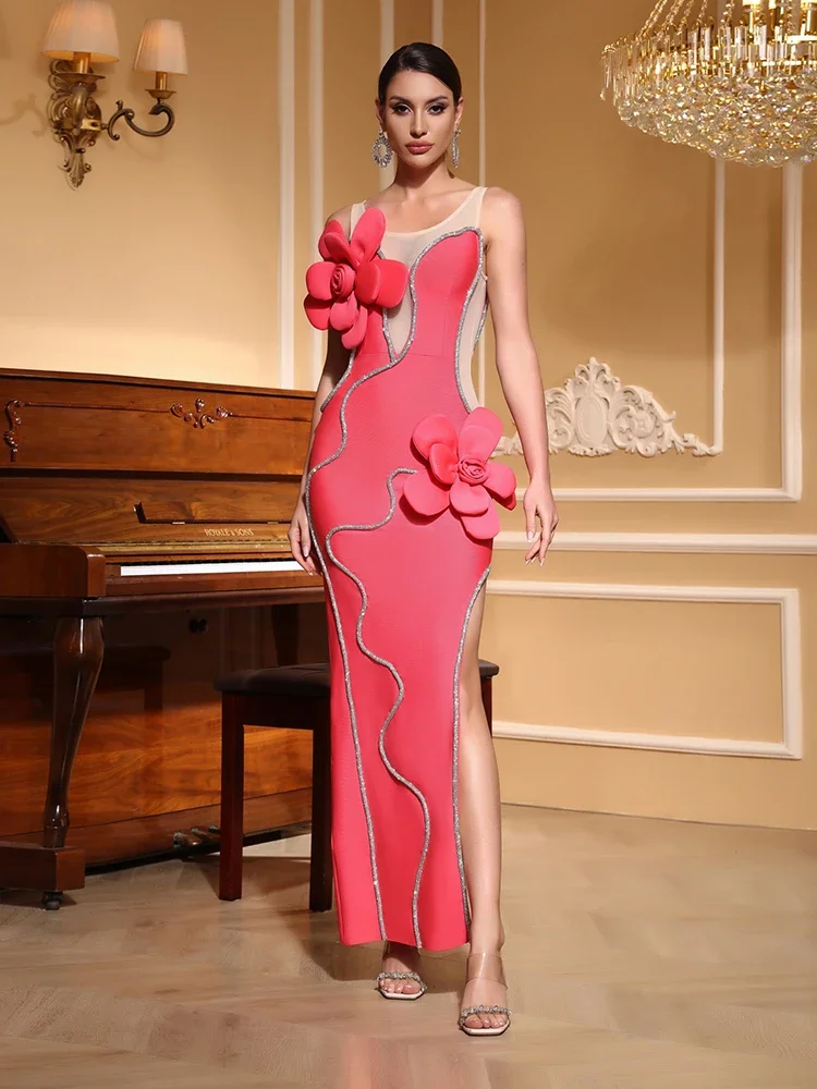 

Sexy O Neck Mesh Patchwork Flower Diamonds Bandage Dress Women Sleeveless Sparkly Beaded Split Long Bodycon Dresses Evening Club