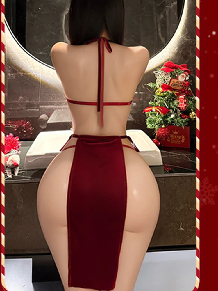 Natal sexy porno lingerie feminina de pelúcia vintage saia longa expor peito trajes de role-playing pacote crotchless sexo terno adulto