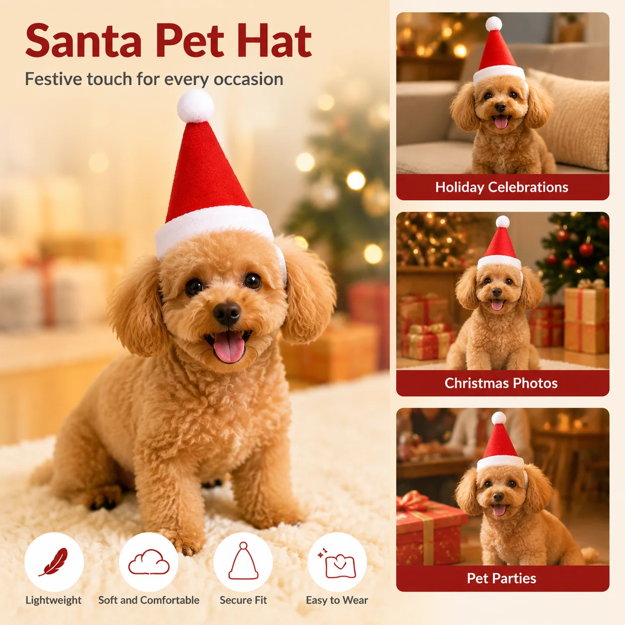 Christmas Pet Costume Set 3 Piece Polyester Blend Santa Cape Hat Scarf Lightweight Red Holiday Outfit for Small Dogs and Cats