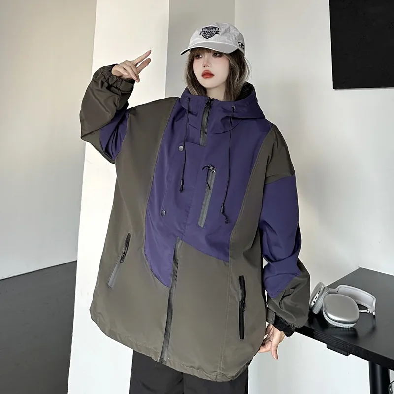 Women Coat Contrast Color Patchwork Hooded Jumpsuit For Women's Autumn Oversize Casual Mid Length Cardigan Jacket Trend