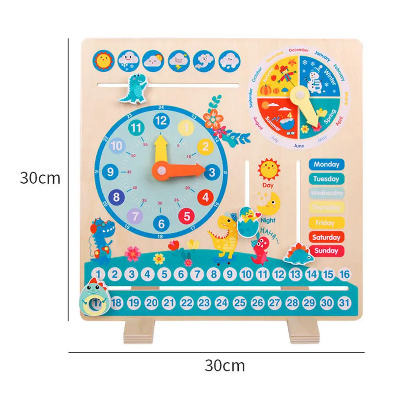 Creative Children Dinosaur Wooden Multi-function Calendar Clock Educational Toys Learning Time Weather Week Cognitive Parish Toy