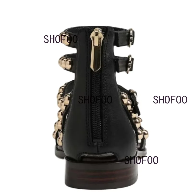 DIZHUANG Fashionable women's flat heeled sandals Black sandals Rivet sandals Summer women's shoes Fashion show performance shoes