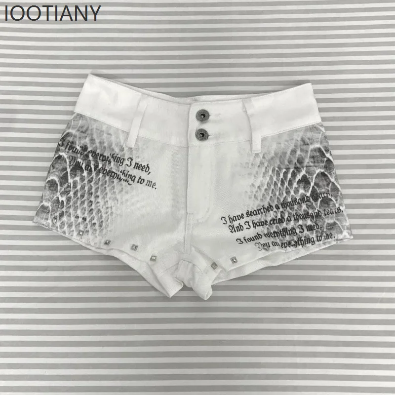 

IOOTIANY Y2k Gothic Animal Print Jorts Women White Punk Low Waist American Retro Straight Denim Shorts Slim Hot Pants Streetwear