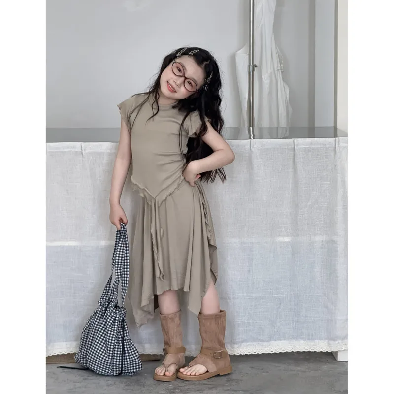 Gril 2piece Set Tshirt Dress Knitt Short Sleeve Irregular 26 Spring Summer Korean Fashion Stylish Children 3-12 Years Outfit Top