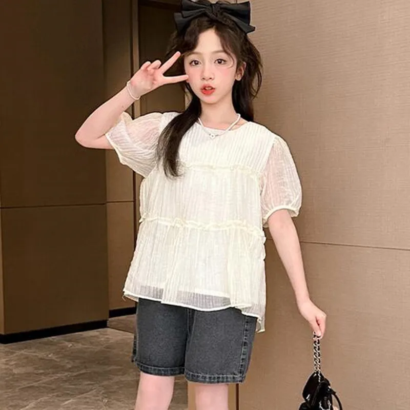 

Girls Clothes Summer Kids Fashion Chiffon Shirt + Denim Shorts Two Piece Set Short Sleeve Children Suit Teenager Girl Outfits