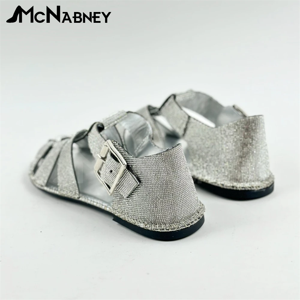 Luxury Silver Full Rhinestone Flat Sandals Round Toe Braided Crystal Buckle Gladiator Ankle Buckle Fashion Style Handmade Sandal