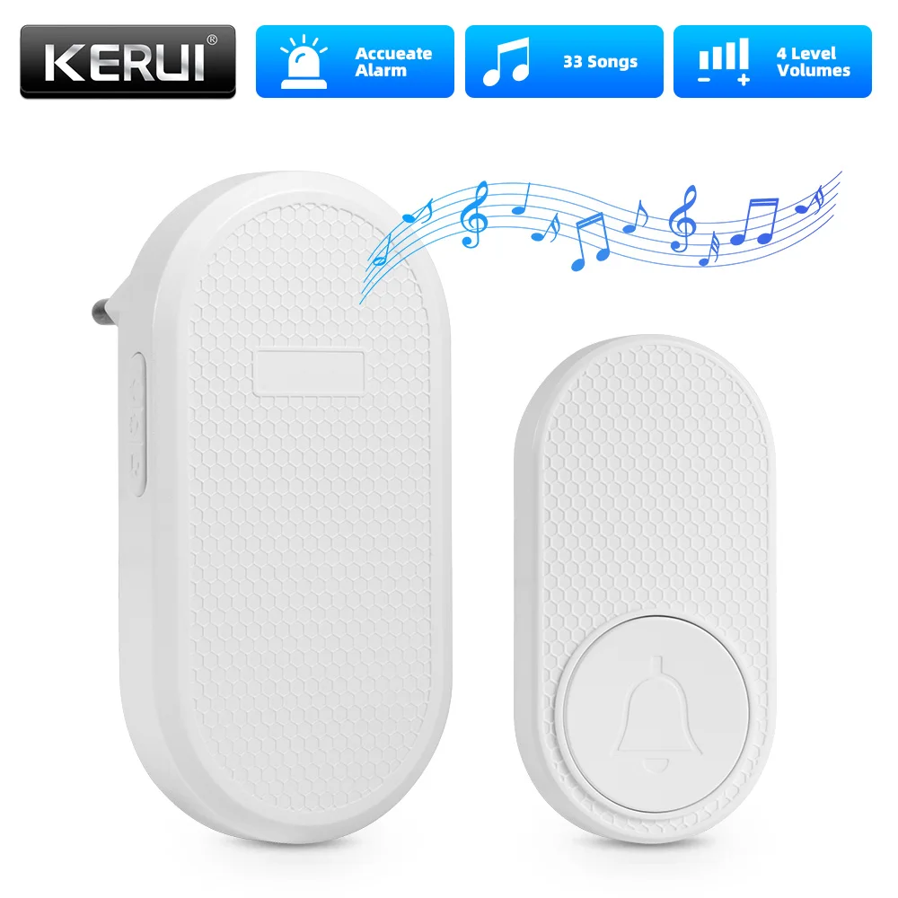 

Беспроводной дверной звонок KERUI, дальность действия 150 м, подключаемый дверной звонок, приветственный звонок, беспроводной комплект дверного звонка, 33 мелодии, 4 уровня громкости