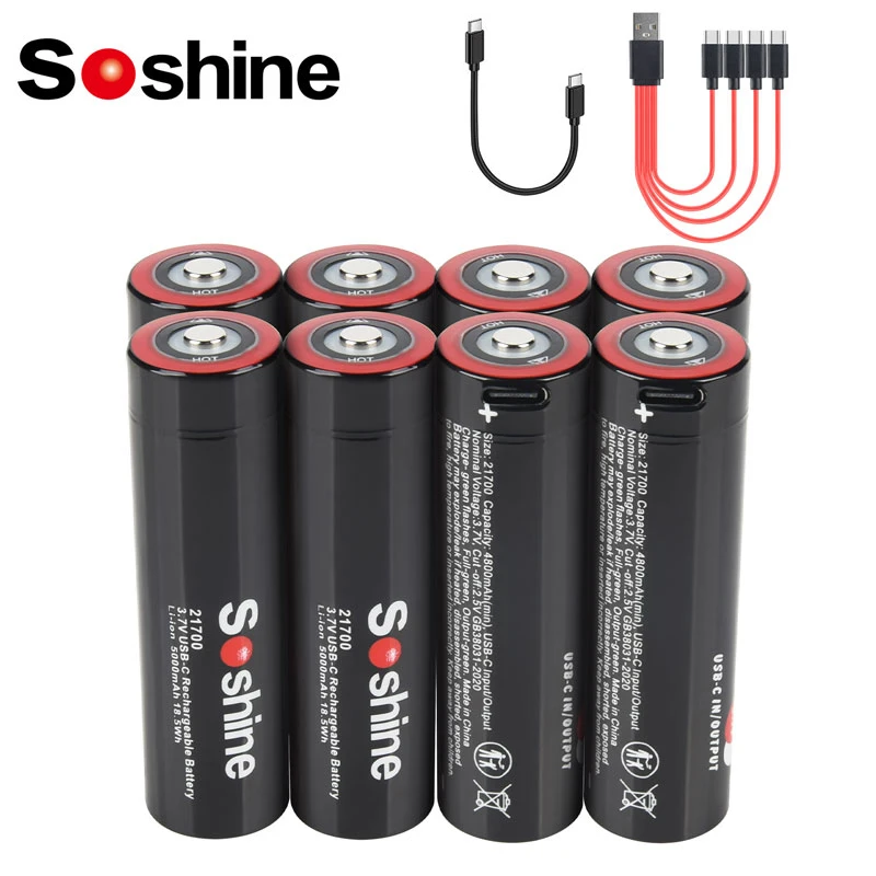 

Soshine 100% Original 21700 5000mah Multi-function Li-ion Rechargeable Battery 3.7V 21700 Lithium Battery Type-c Input 5V Output