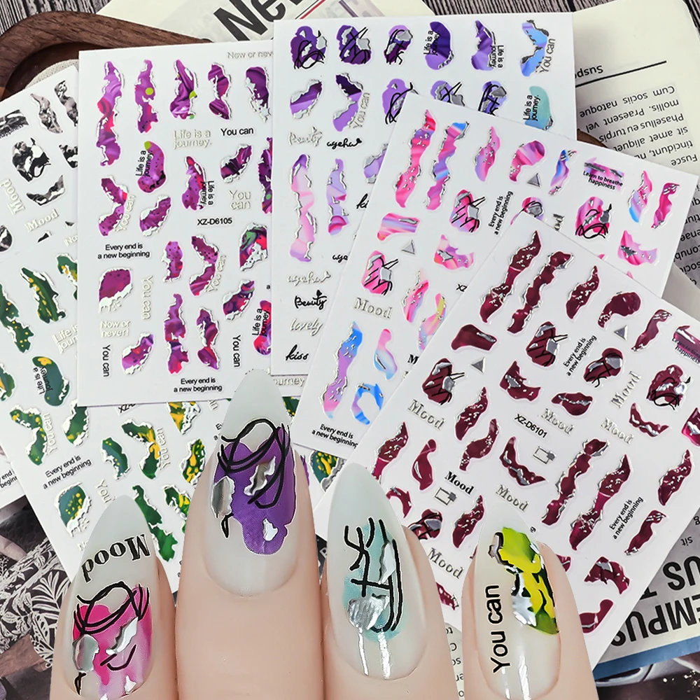 

6/12Pcs Silver Edge Marble Stripe Nail Art Stickers Abstract Wave Line Ink Blooming Geometry Slider Self-Adhesive Manicure Decal