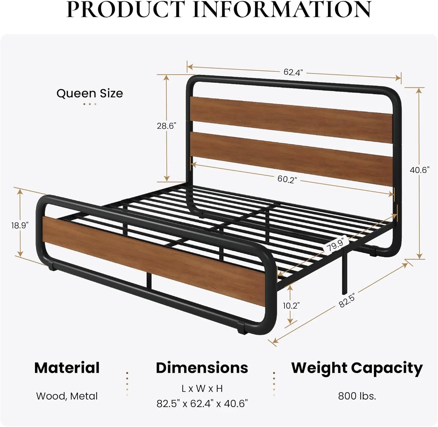 SHA CERLIN Queen Size Metal Bed Frame with Wooden Headboard and Footboard, Heavy Duty Oval-Shaped Platform