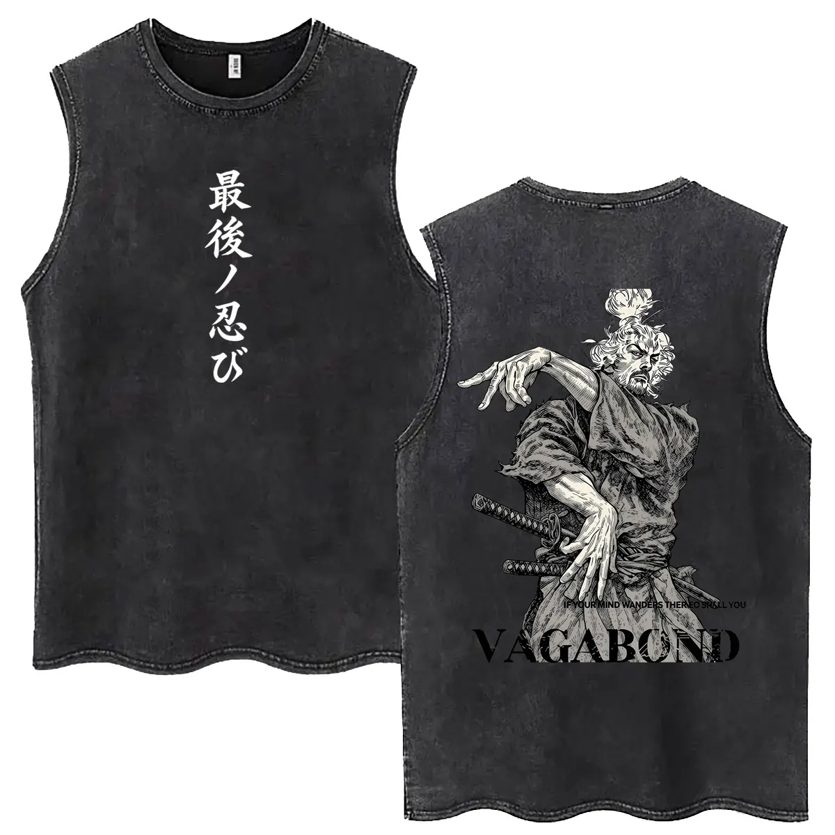 Anime Vagabond Miyamoto Musashi Vintage Washed Tank Tops Men Women Casual Oversized Sleeveless Vest T-shirt Harajuku Streetwear