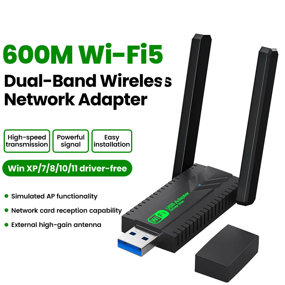 WiFi 5 USB Adapter 600Mbps USB Dongle Wireless Network Card Dual Band 2.4/5Ghz Ethernet Receiver Free Driver For Win 7/8/10/11