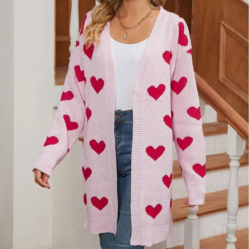 

Осень-зима женский вязаный кардиган с сердечками свободная верхняя одежда свитер Vntine's Day Long Sve средней длины