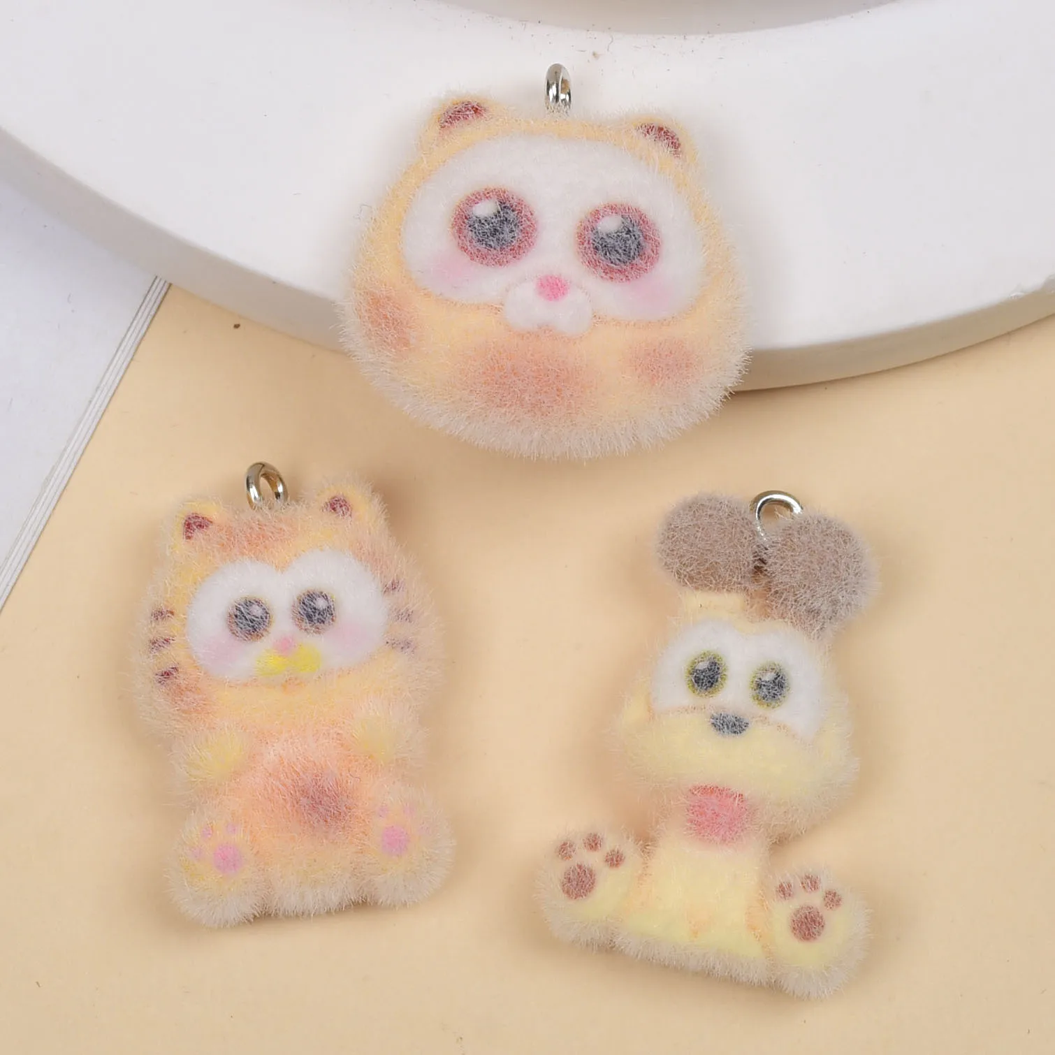 

3Pcs Flocking Pendants Cute Big Eyed Fat Cat And Puppy DIY Charms Keychains Phone Straps Backpack Accessories Materials