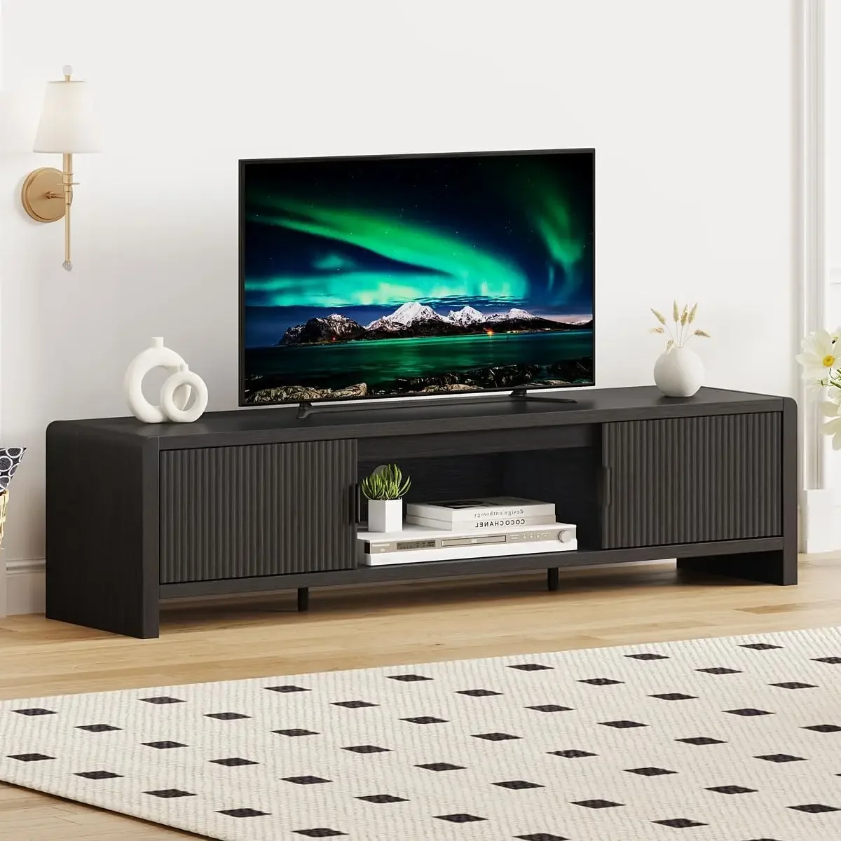 Mid Century Wooden Entertainment Center for 75 65 55 Inch TVs with Storage