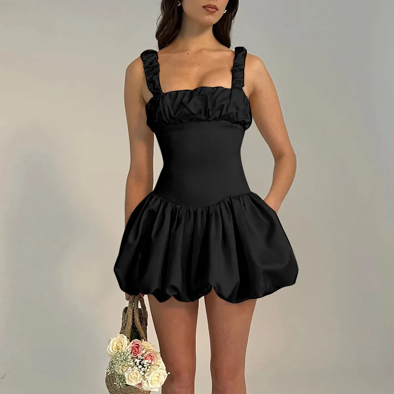 

Sexy Camisole Sleeveless Mini Short Skirt Women Gathered Puffy Dress Double Layer Dress Tight Party Club Evening Dress