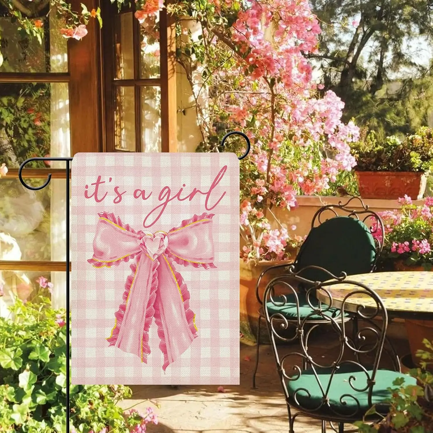 Dyrenson It's a Girl Pink Bow Decorative Garden Flag, Coquette New Birth Gender Reveal Plaid Gift for New Dad Mom, Baby  FFL IIC