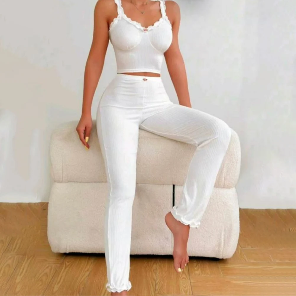 

Women Casual Lace Trim Nightgown Set Elastic Strap Pants Sleeveless Sleepwear