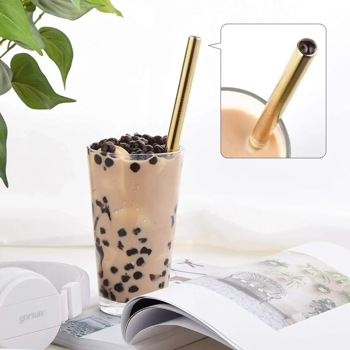 4pcs 12mm Extra Wide Straw Reusable 304 Stainless Steel Drinking Straw Metal Straws for Smoothies Tapioca Pearls Milk Bubble Tea