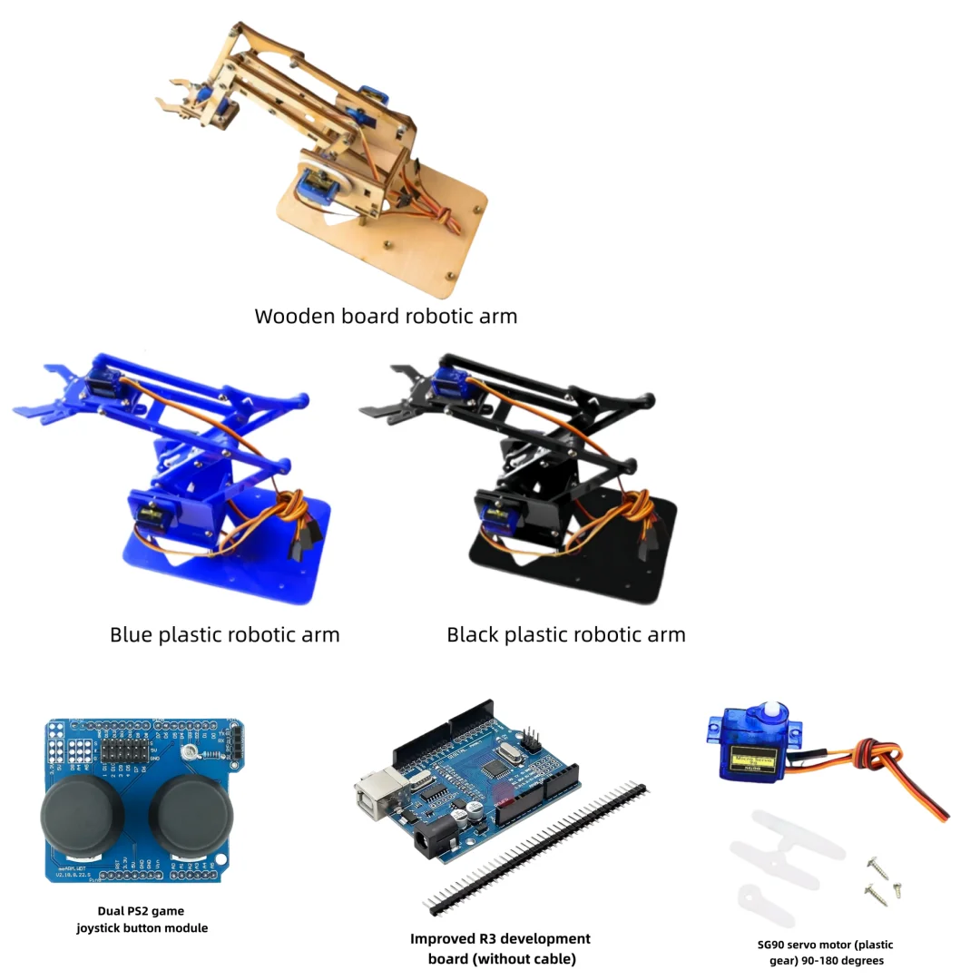 SG90（90-180°） Servo Robotic Arm Kit, Includes 4x Servos, 1 Development Board, 1 Joystick Module & Full Arm Assembly